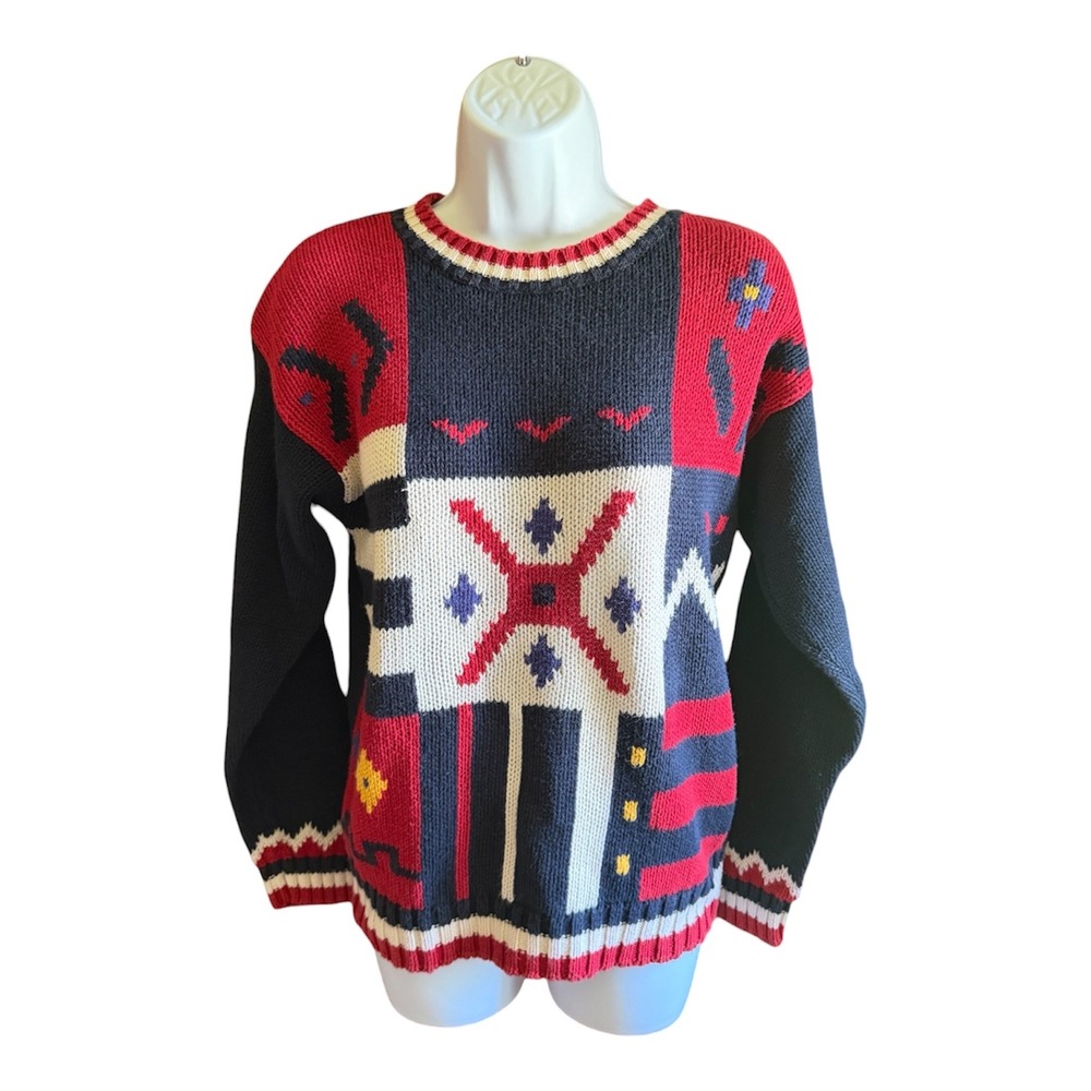 Cabin Creek Vintage Southwestern Patchwork Knit Sweater Womens Small Navy Red